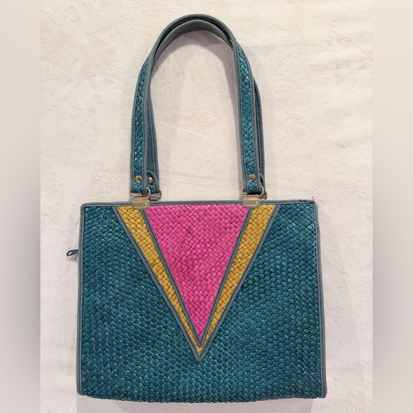 Vintage Handbags - Vintage Woven Straw Tote Bag Colorblock Pink Teal Mustard Made in Italy